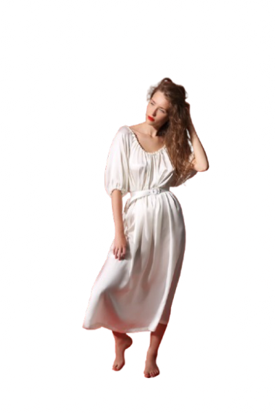 Aphrodite drapēta zīda kleita ar zīda jostu, pērļaini bēšā tonī