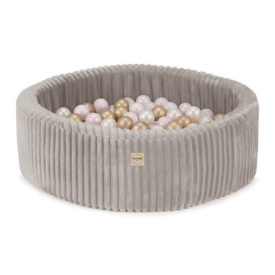 PLUSH NEST bērnu bumbu baseins - lamell bēšs, 200 bumbas: pērļu, zelta, rozā