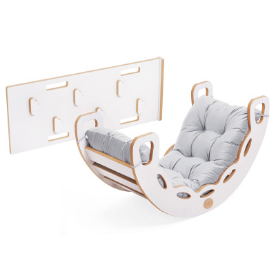 PLUSH NEST Montessori 4-in-1 koka šūpuļkrēsls, kāpšanas siena/slidkalniņš,pelēks
