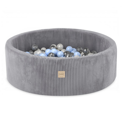 PLUSH NEST apaļš bērnu bumbu baseins- velveta pelēks, bumbas: pērļu, zilas, sudraba