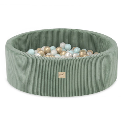 PLUSH NEST apaļš bērnu bumbu baseins - velveta zaļš, bumbas: pērļu, zaļš, zelta