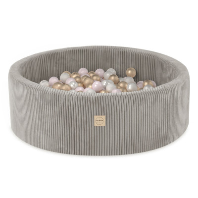 PLUSH NEST apaļš bērnu bumbu baseins - velveta bēšs, bumbas: pērļu, rozā, zelta