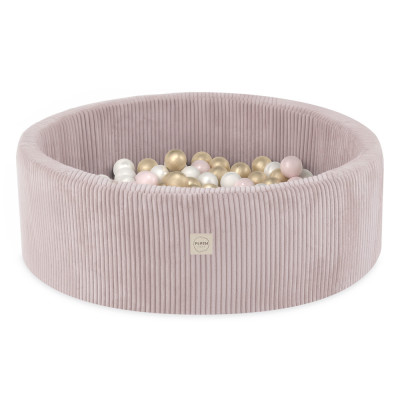 PLUSH NEST apaļš bērnu bumbu baseins - velveta rozā, bumbas: pērļu, rozā, zelta
