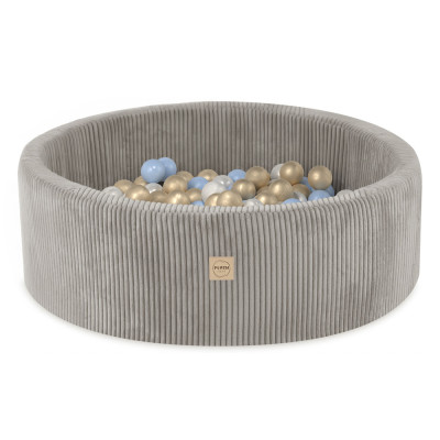 PLUSH NEST apaļš bērnu bumbu baseins - velveta bēšs, bumbas: pērļu, zilas, zelta