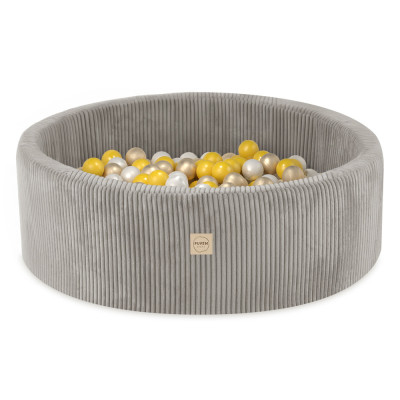 PLUSH NEST apaļš bērnu bumbu baseins-velveta bēšs, bumbas: pērļu, dzeltena, zelta