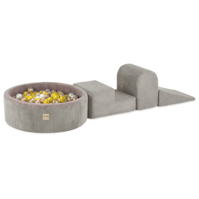 PLUSH NEST bērnu mīksto kluču komplekts – 3 elementi + bumbu baseins, bēšs, velvets