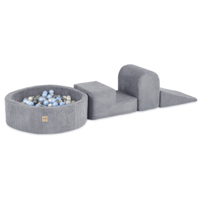 PLUSH NEST bērnu mīksto kluču komplekts – 3 elementi + bumbu baseins, pelēks, velvets