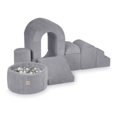 PLUSH NEST bērnu mīksto kluču komplekts – baseins + 8 elementi, pelēks, velvets