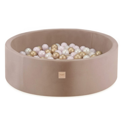 PLUSH NEST apaļš bērnu bumbu baseins - velūrs bēšs, bumbas: pērļu, zelta, rozā