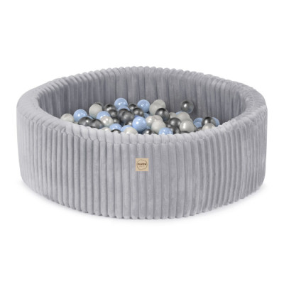 PLUSH NEST bērnu bumbu baseins - lamell pelēks, 200 bumbas: pērļu, zilas, sudraba