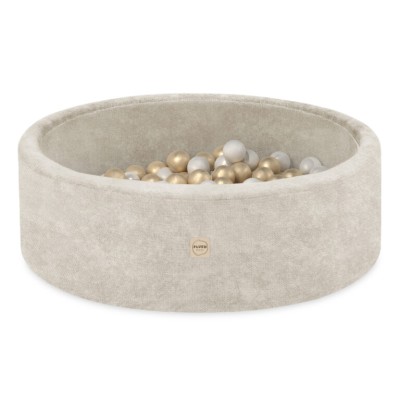 PLUSH NEST bērnu bumbu baseins - šenila bēšs, 200 bumbas:(pērļu, zelta)