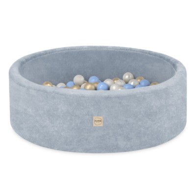 PLUSH NEST bērnu bumbu baseins - šenila zils, 200 bumbas:(pērļu, zelta, zilas)