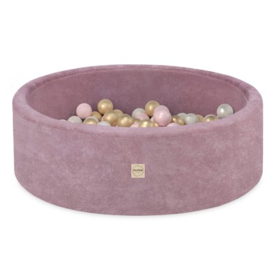 PLUSH NEST bērnu bumbu baseins - šenila rozā, 200 bumbas:(pērļu, zelta, rozā)